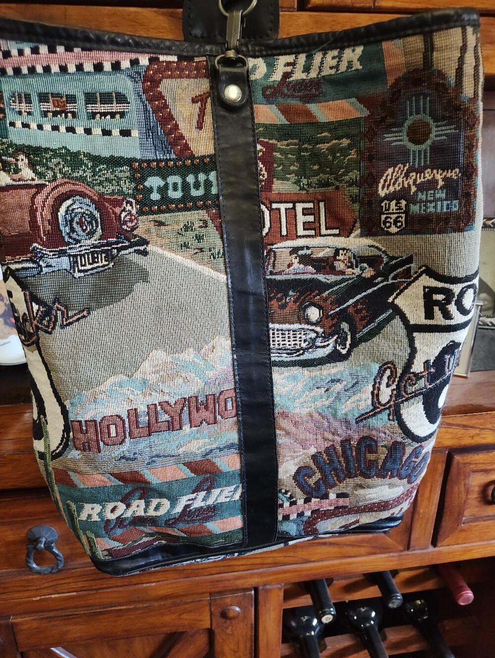 Retro Route 66 Road Trip Canvas Tote Bag with Black Leather Trim